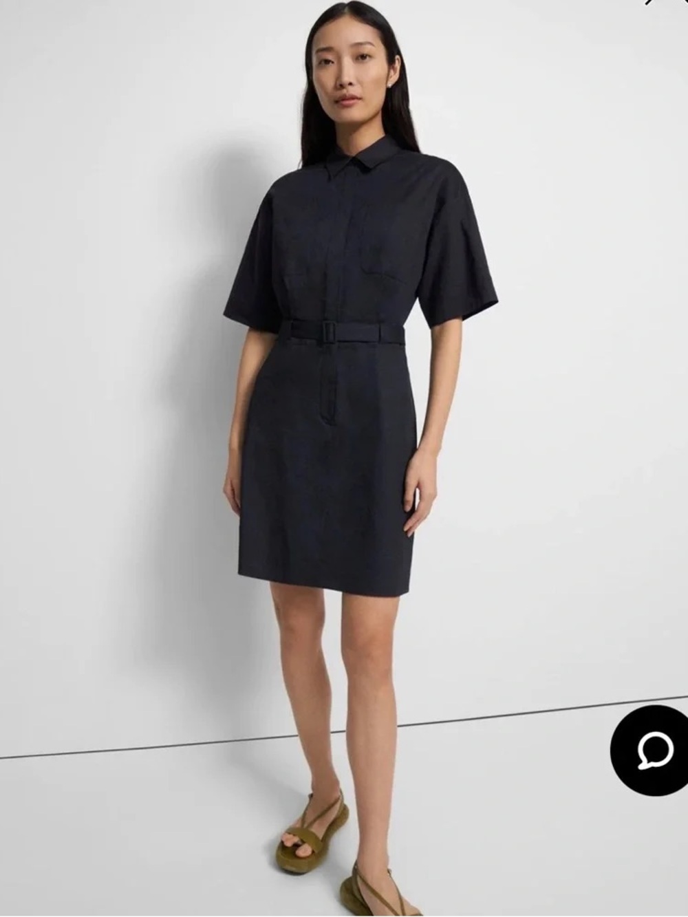 Theory Black Short-Sleeve Belted Shirt Dress